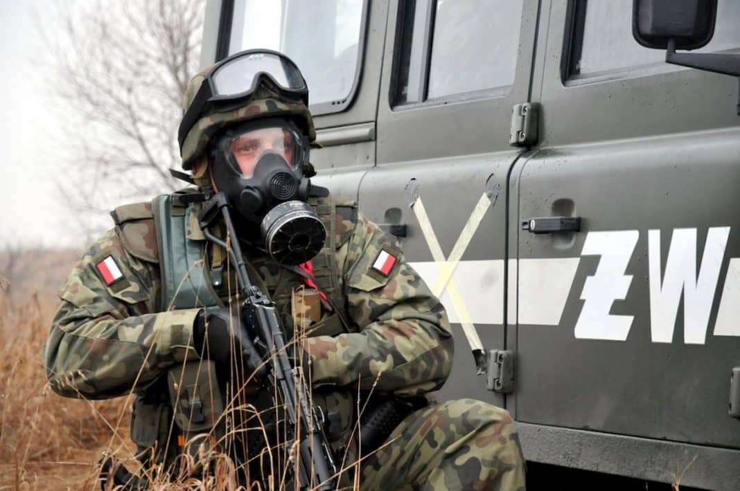 Żołnierz w masce przeciwgazowej. Fot. Internet