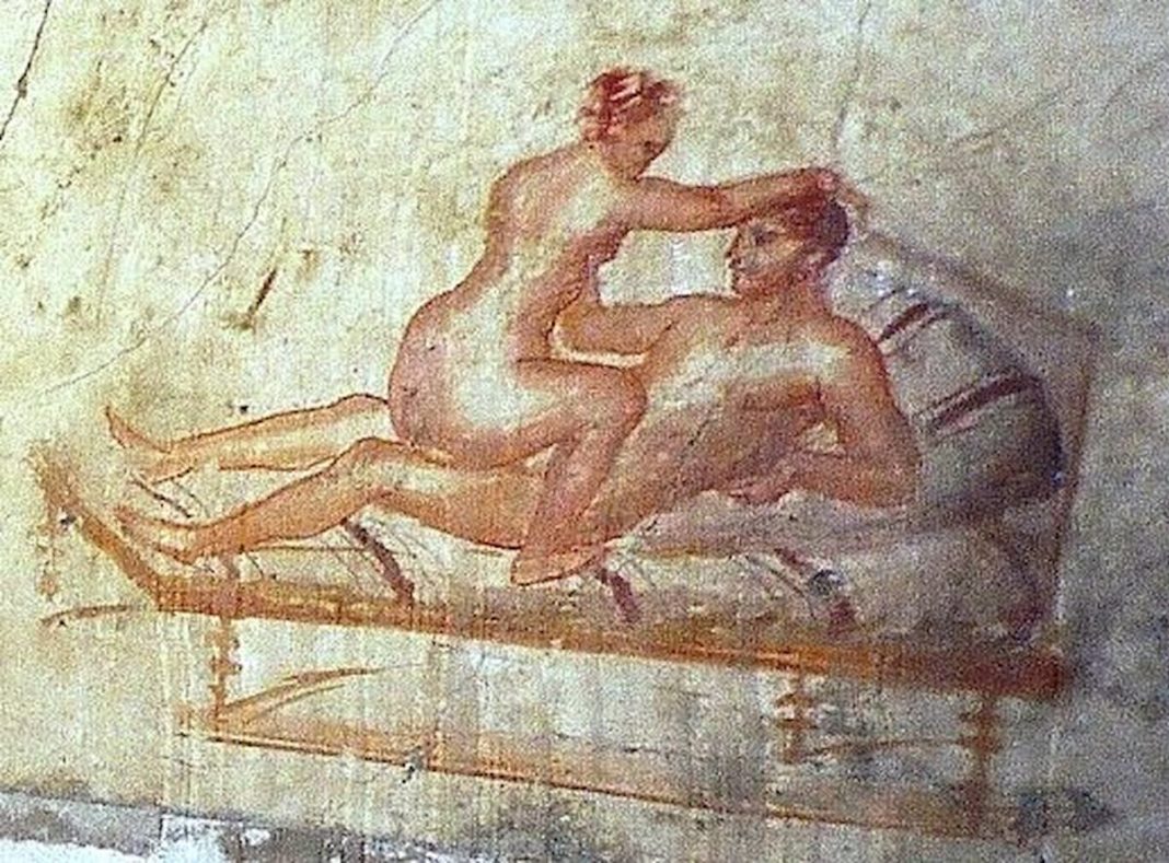 Zachowany fresk z domu publicznego w Pompejach.